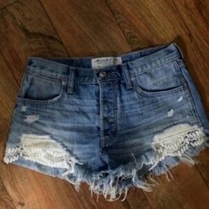 Adorable Abercrombie & Fitch Festival Distressed Denim Shorts with Crochet Trim